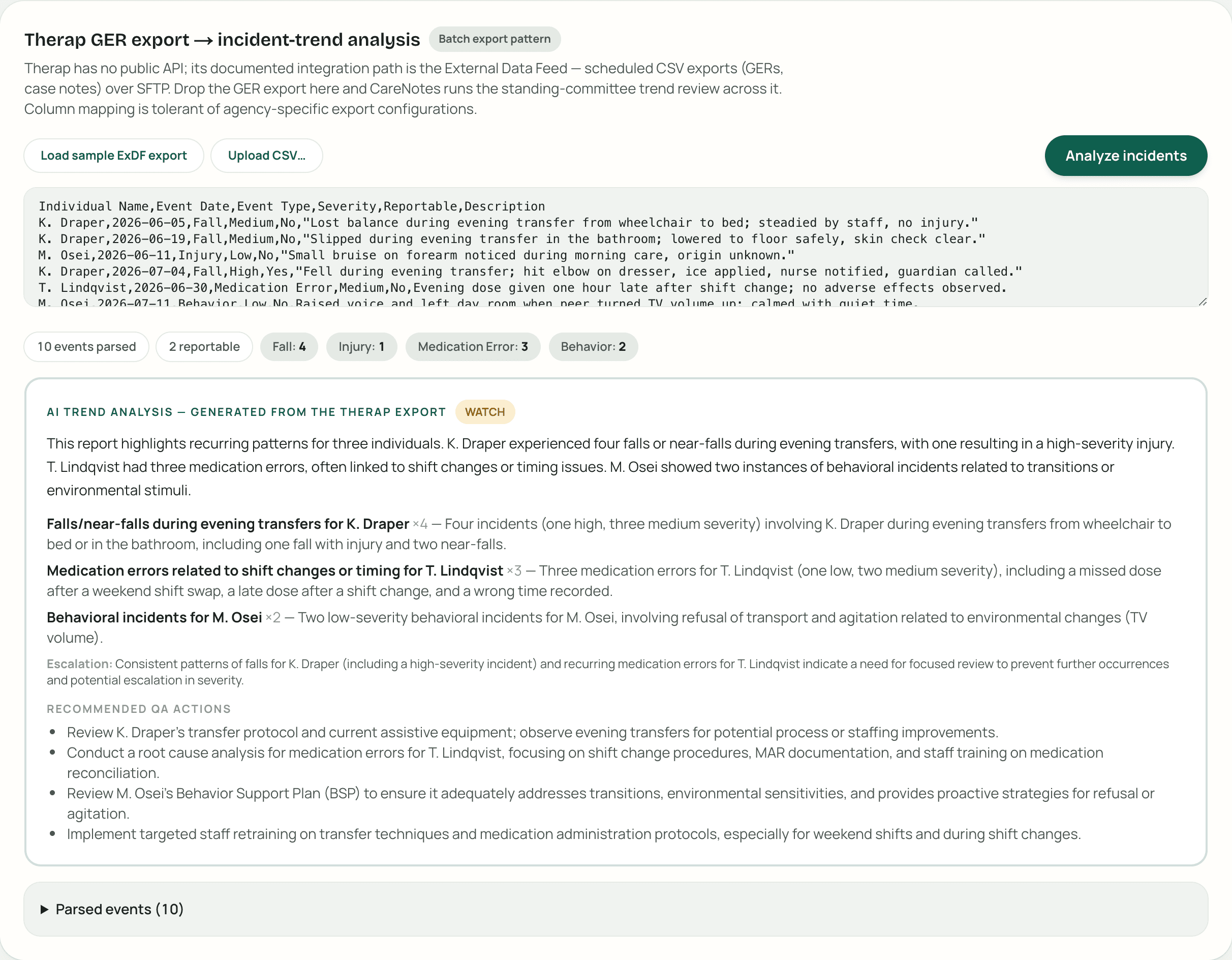 The export workflow screen: a Therap GER export pasted in, ten events parsed with type counts, and the trend analysis below with recommended QA actions